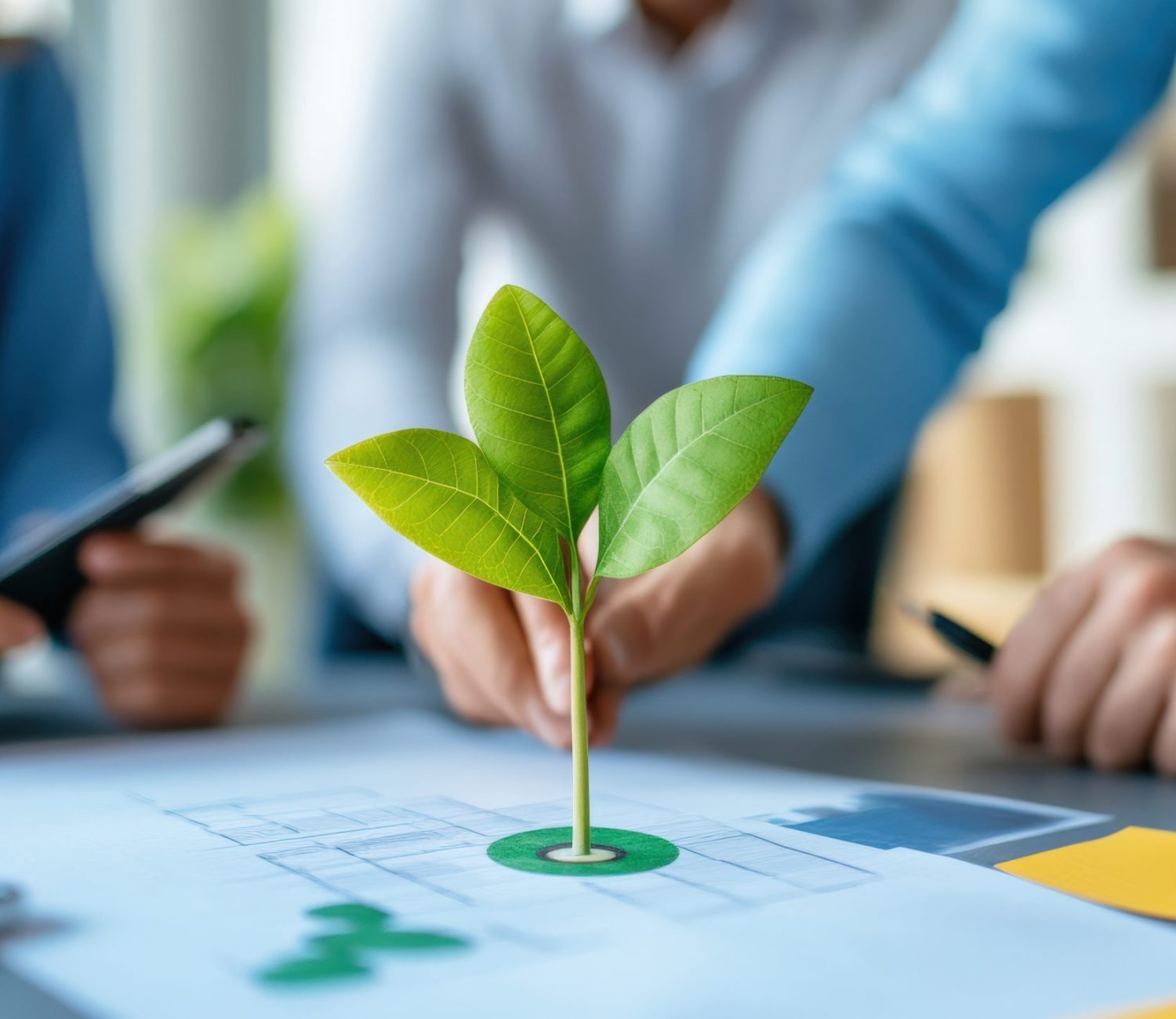 Business team collaborating on a project with a small plant representing growth and sustainability on a desk full of documents and charts.