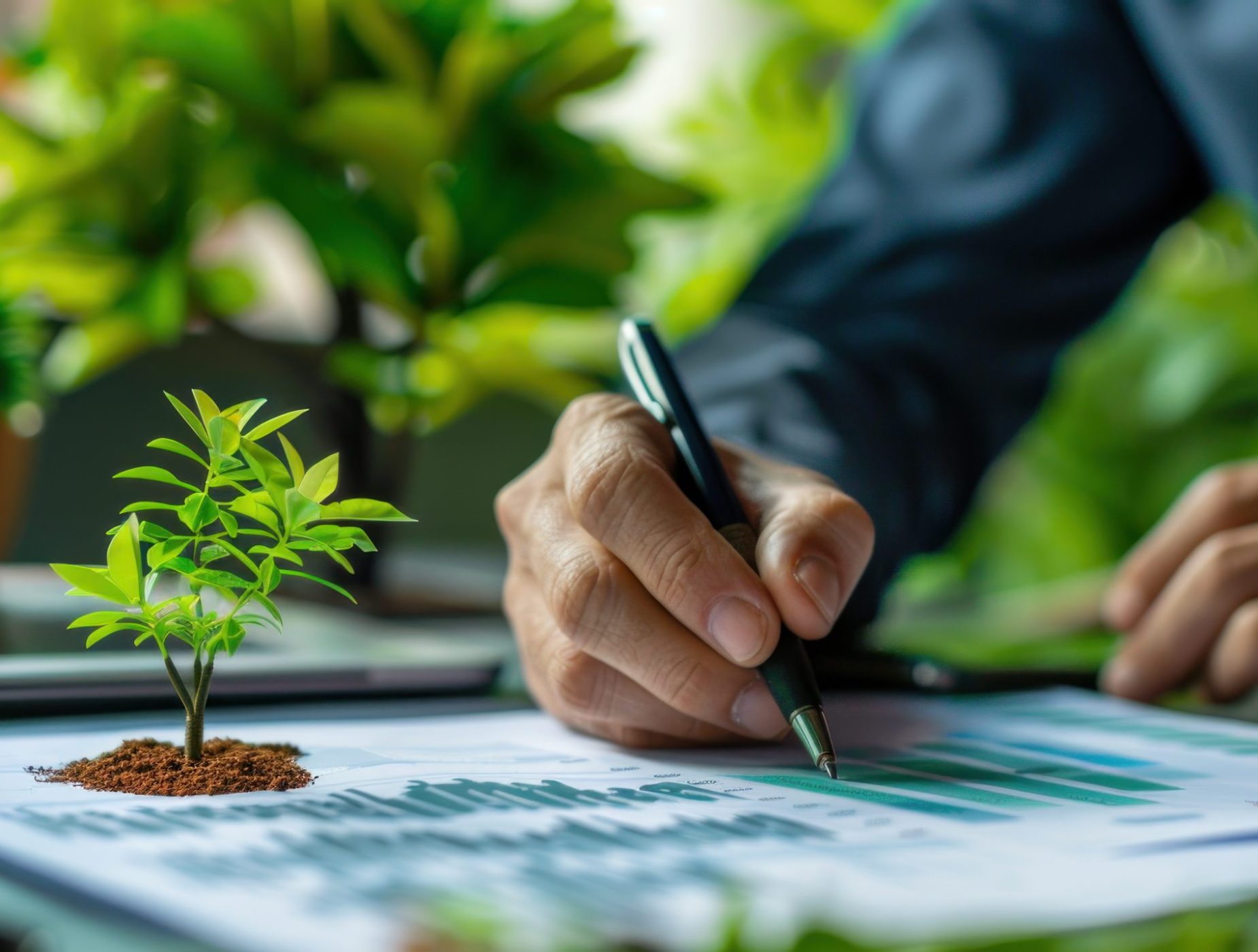 Businessman planning on environmental protection initiative for clean and sustainable future ecology, ESG environmental social governance display on paper chart on eco-friendly company..