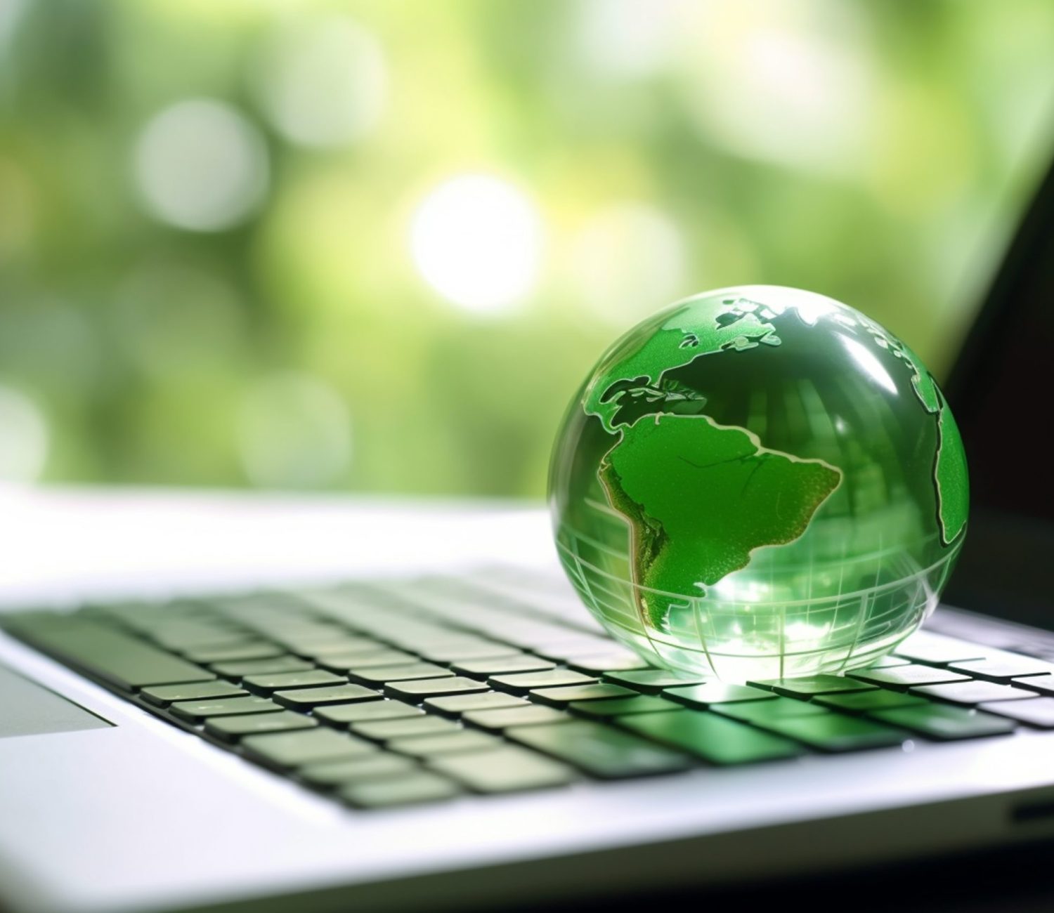 laptop with earth globe on wooden table and green bokeh background laptop with earth globe on wooden table and green bokeh background