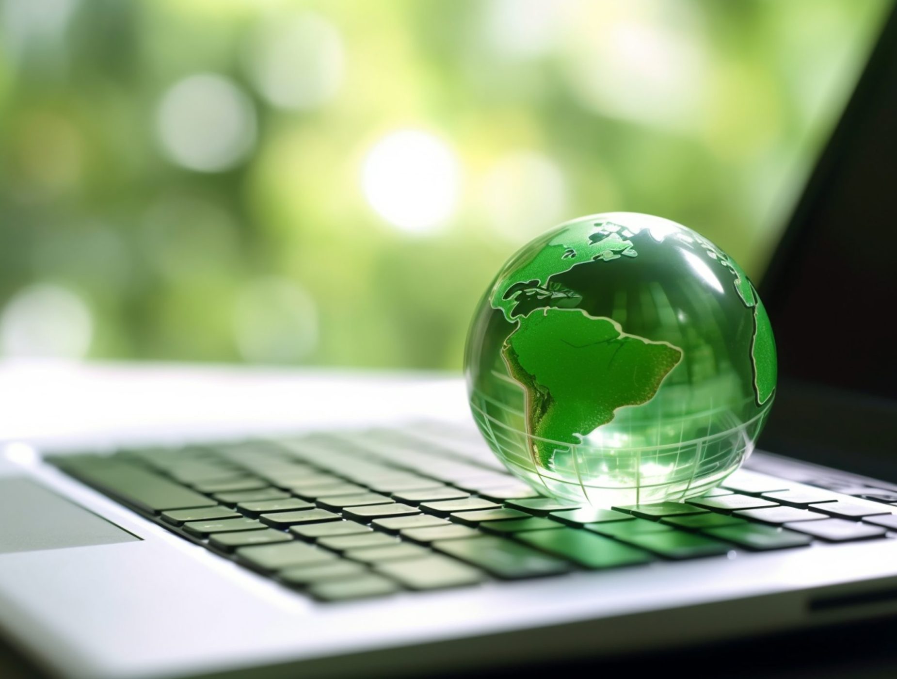 laptop with earth globe on wooden table and green bokeh background