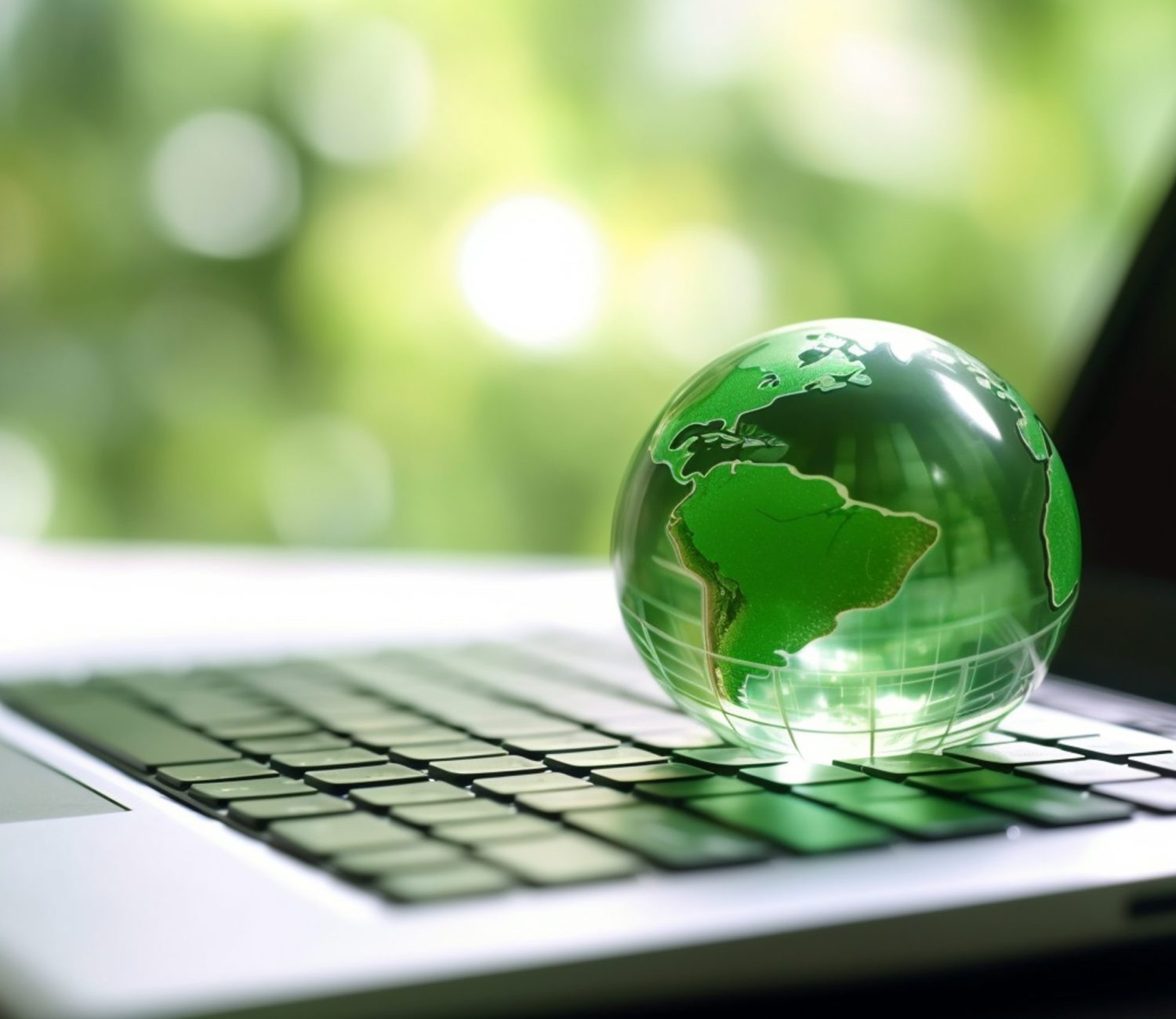 laptop with earth globe on wooden table and green bokeh background